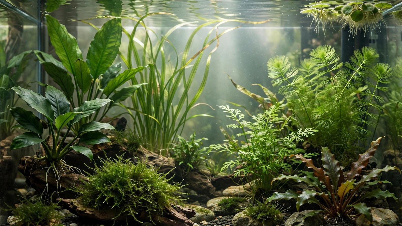 Algae-free planted aquarium with dense hornwort and water sprite growth