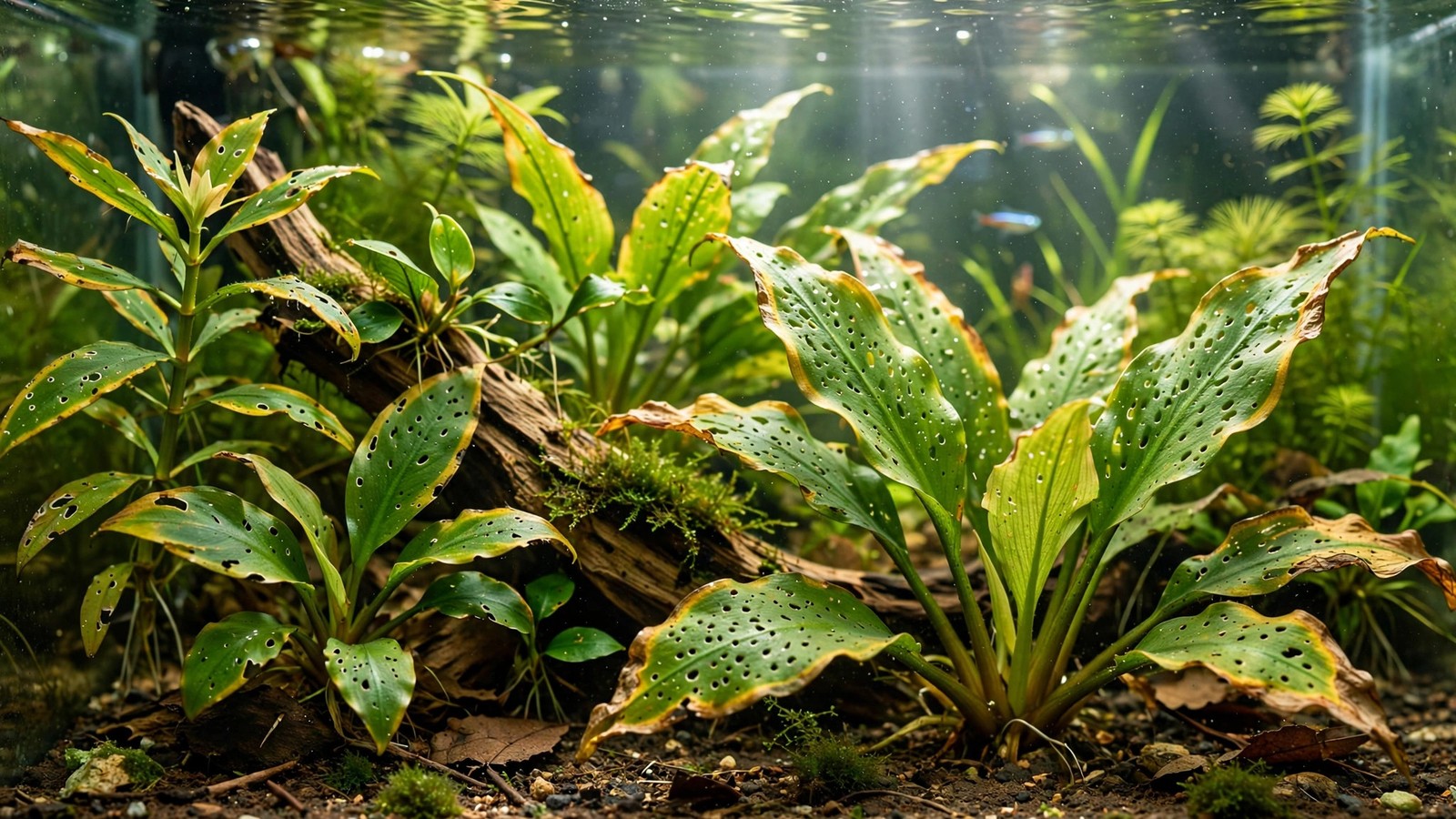 Aquarium plant leaf with pinholes and yellow halos from potassium deficiency