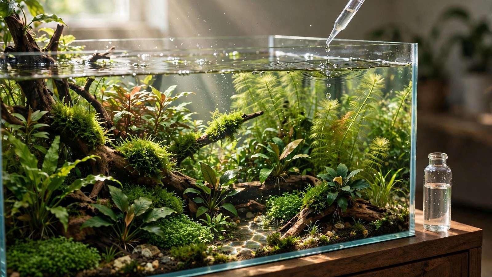 Two labeled dosing bottles with macro and micro fertilizer beside an aquarium