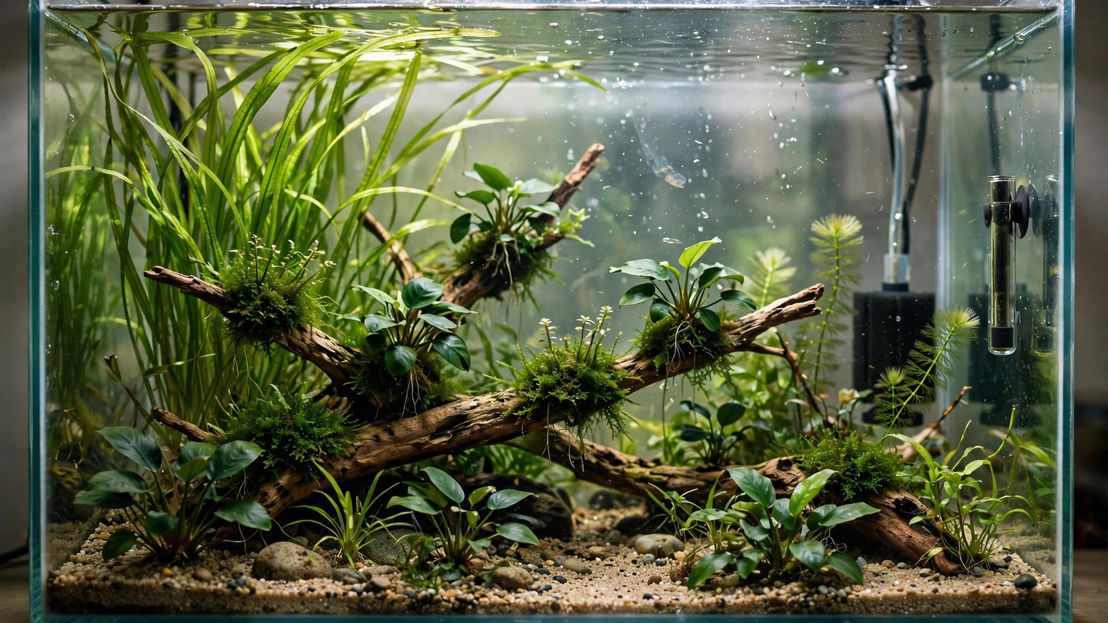 Quarantine tank with floating hornwort and a new fish acclimating behind plant cover