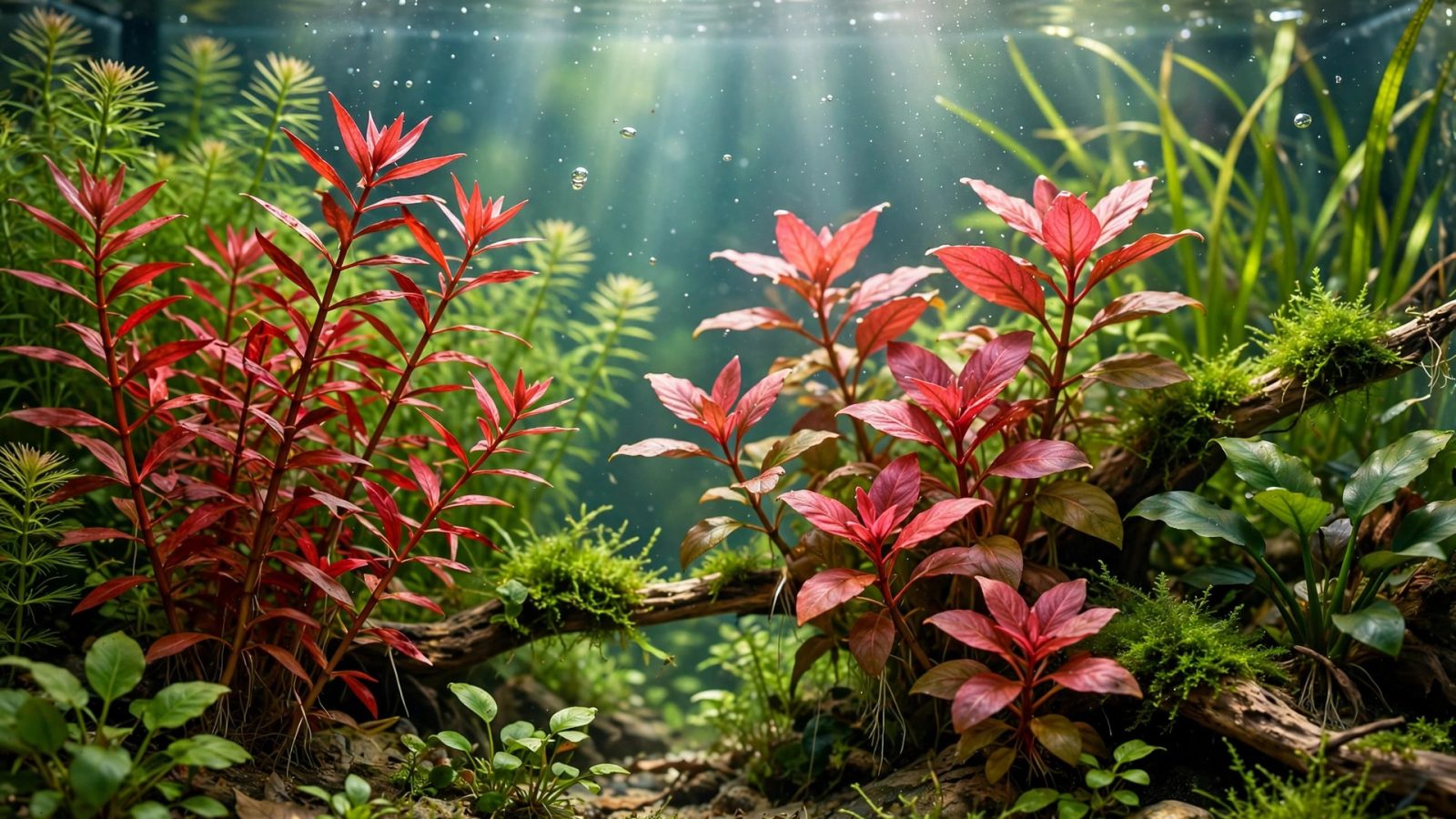 Vibrant red ludwigia and alternanthera glowing among green plants