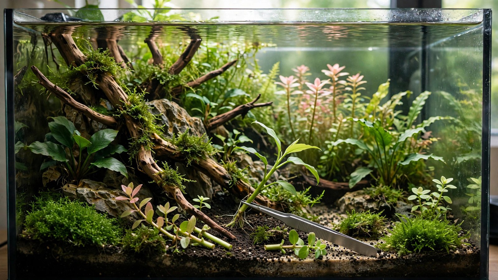 Aquascape mid-rescape with new hardscape arranged and plants ready for replanting