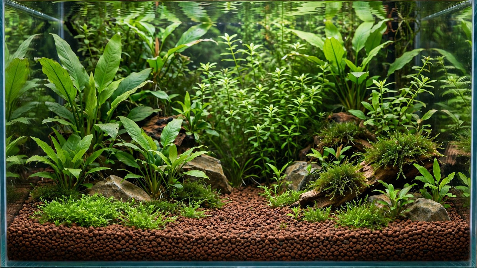 Seachem Flourite Black clay substrate bed in a densely planted high-tech aquarium