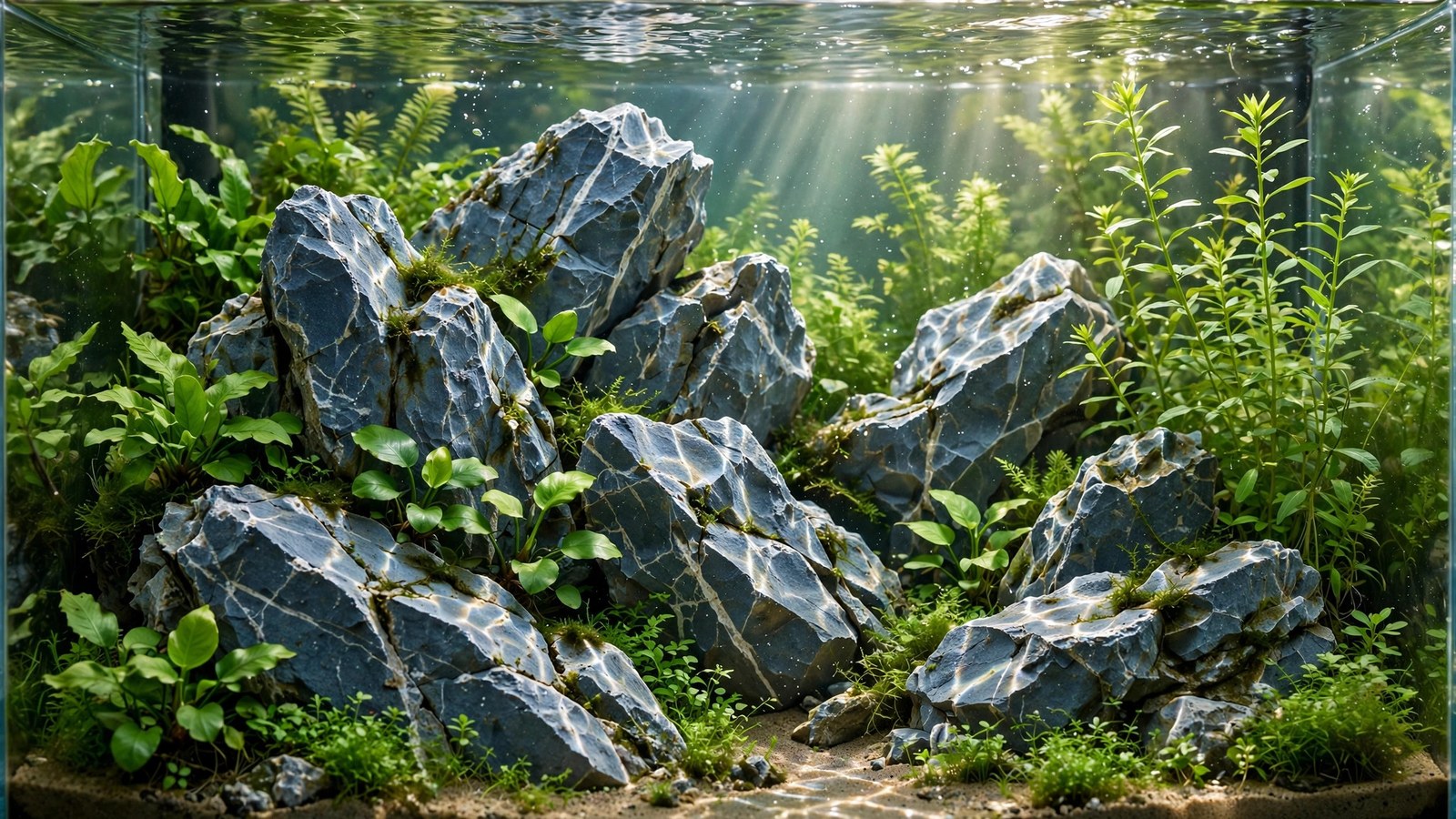 Seiryu stone Iwagumi aquascape with blue-gray jagged rocks and carpeting plants