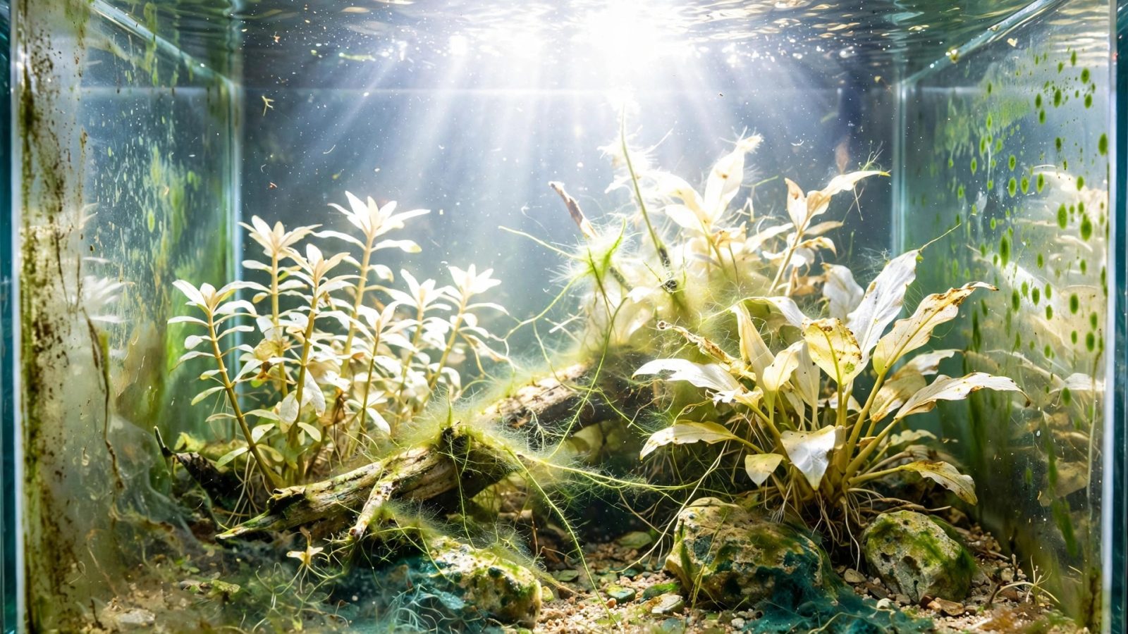 Overly bright aquarium with algae film on glass and pale bleached plant leaves