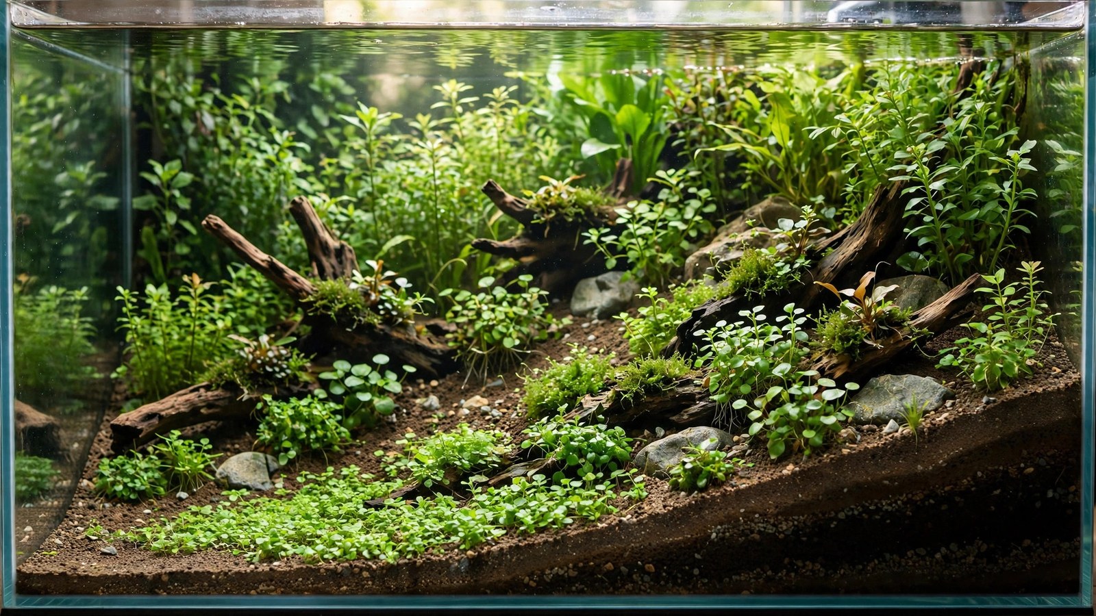 Aquascape with dramatically sloped substrate rising toward a stone hardscape at the back