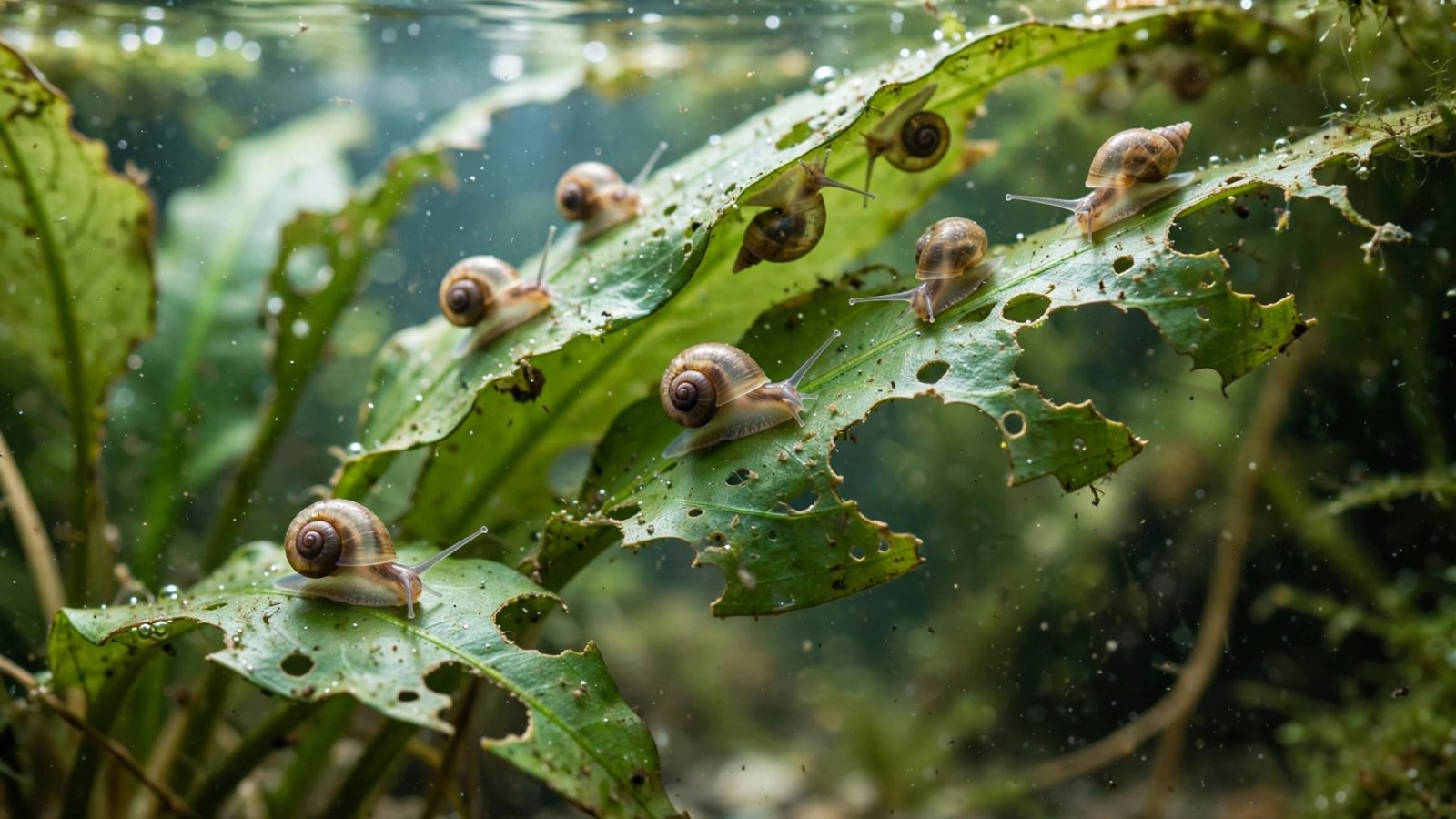 Small pond snails crawling on nibbled green aquarium plant leaves