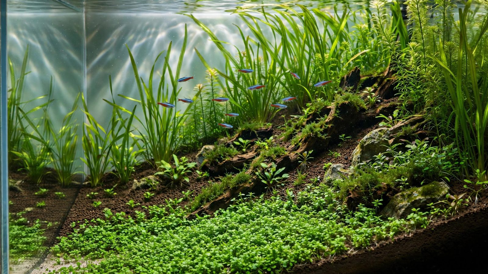 Planted tank with sloped substrate, tall background plants and carpet foreground