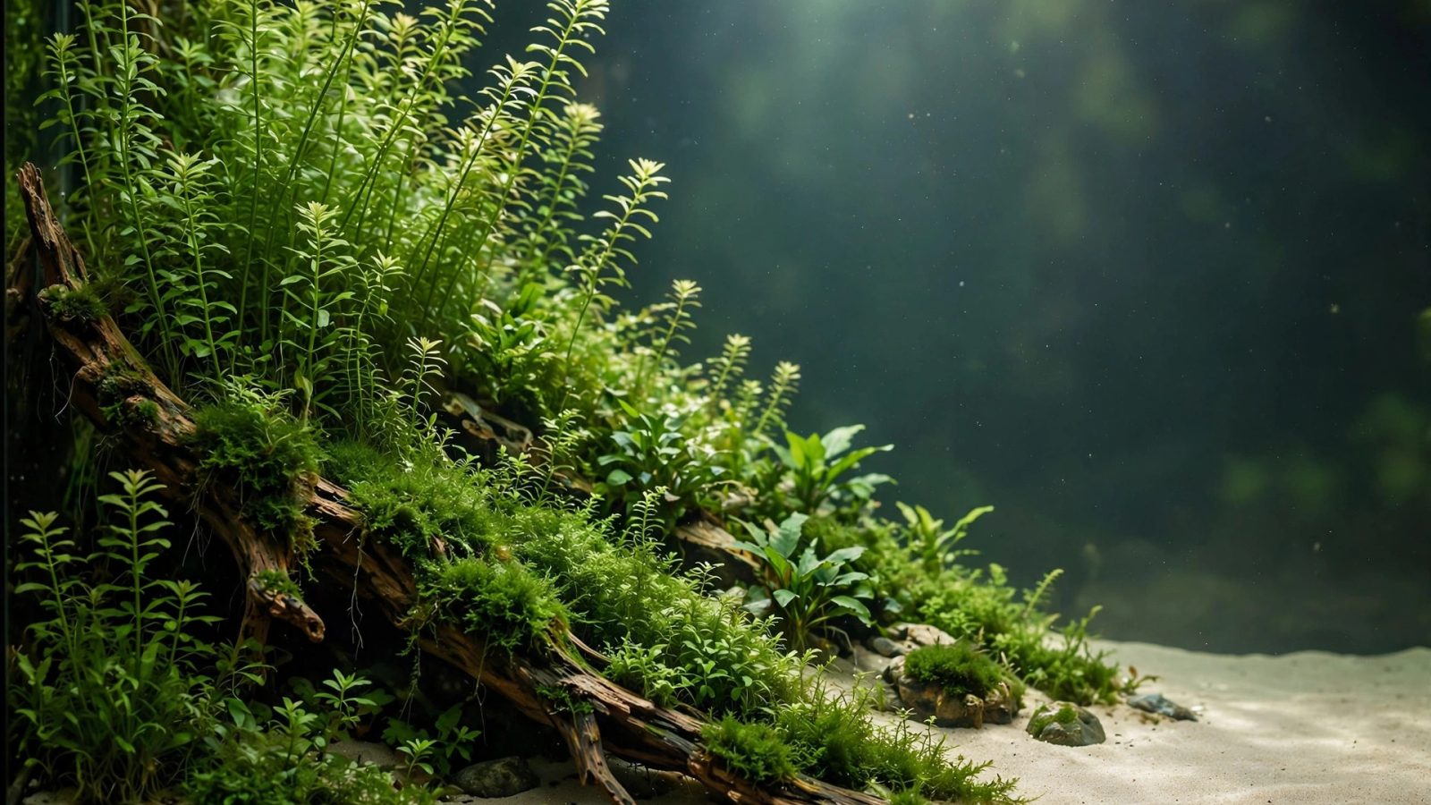 Aquascape arranged in a triangular composition sloping to open space