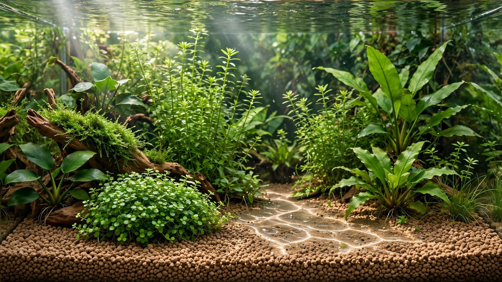 Gray Turface calcined clay granules as substrate in a planted aquarium